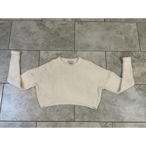 ""URBAN OUTFITTERS Crop High Neck Chunky Knit Sweater Long Sleeve Ivory Size M" - Picture 3 of 8
